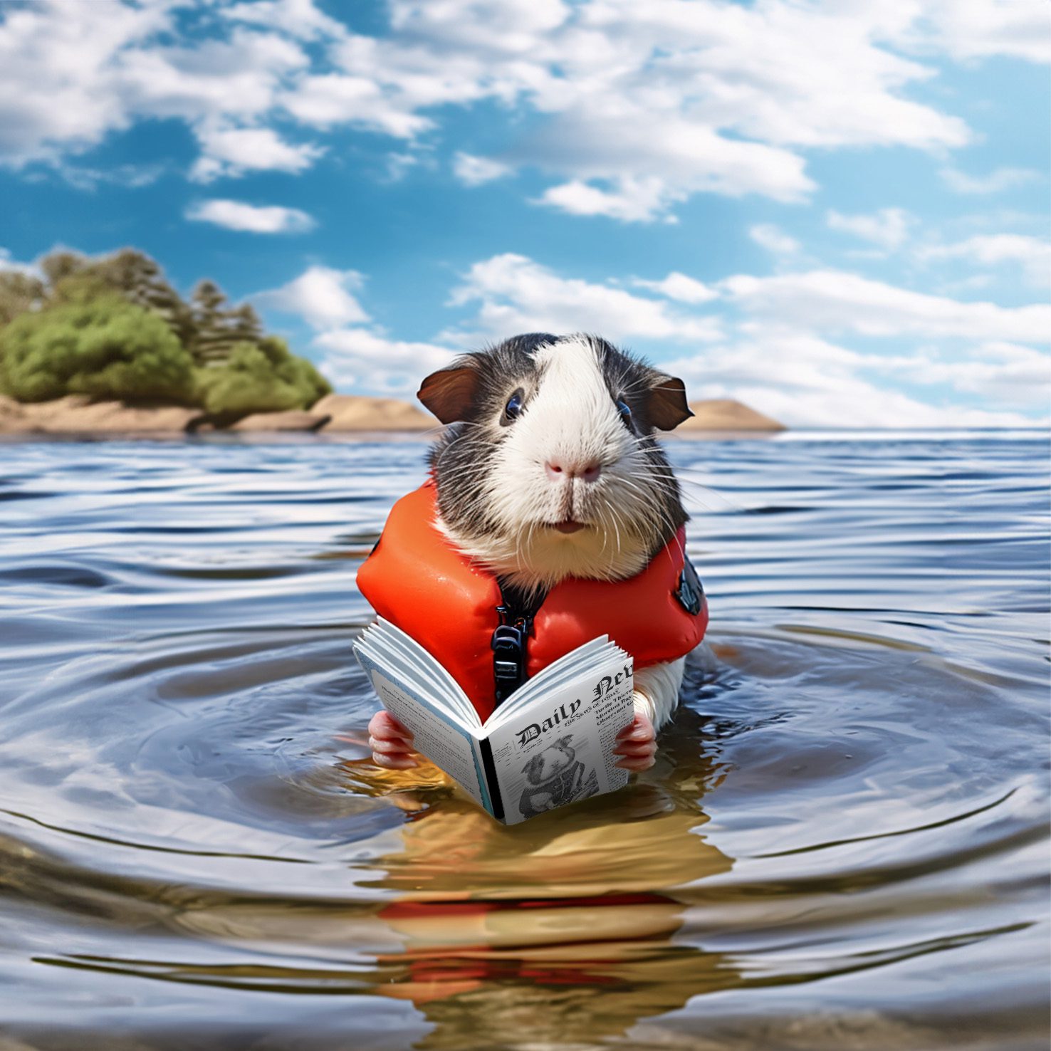 Flinders the Guinea pig reading a book whilst wearing a life jacket